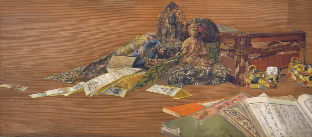 40	不詳	仏像と加留多のある静物 (初期洋画風)　油彩・厚板　28x64cm